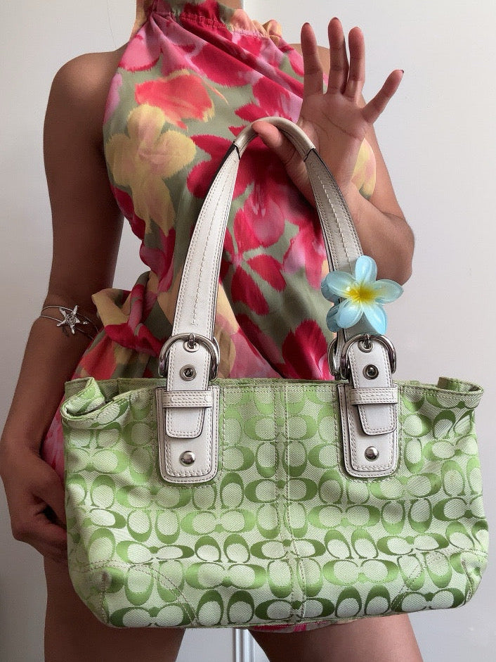 Vintage Coach Signature Tote Green Canvas & White Leather |13117