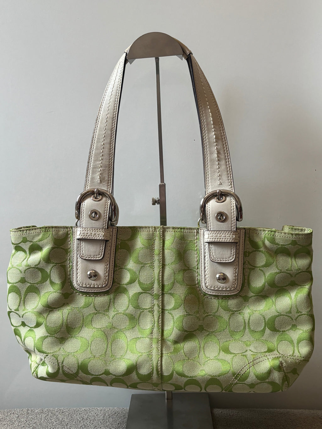 Vintage Coach Signature Tote Green Canvas & White Leather |13117