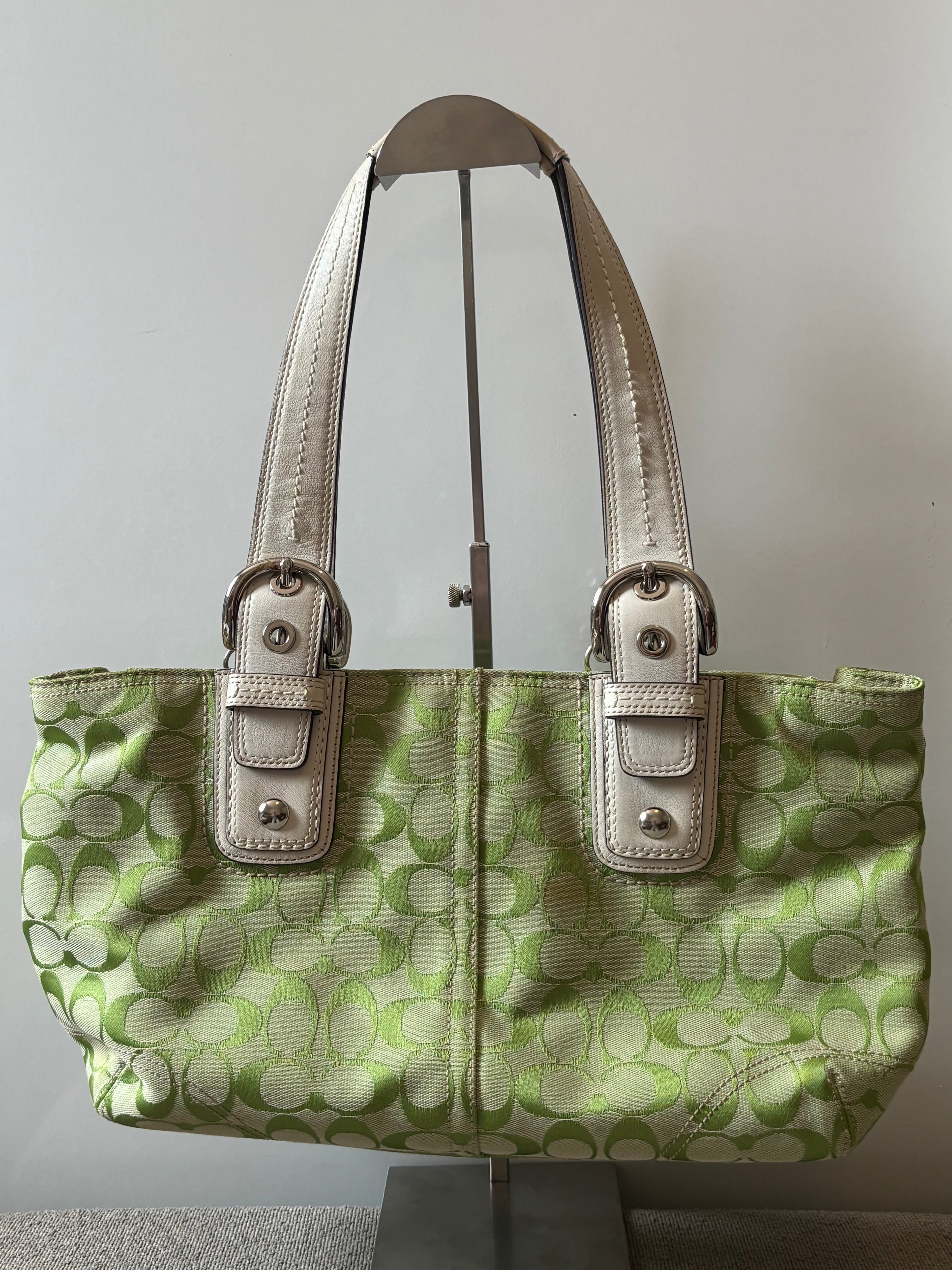 Vintage Coach Signature Tote Green Canvas & White Leather |13117