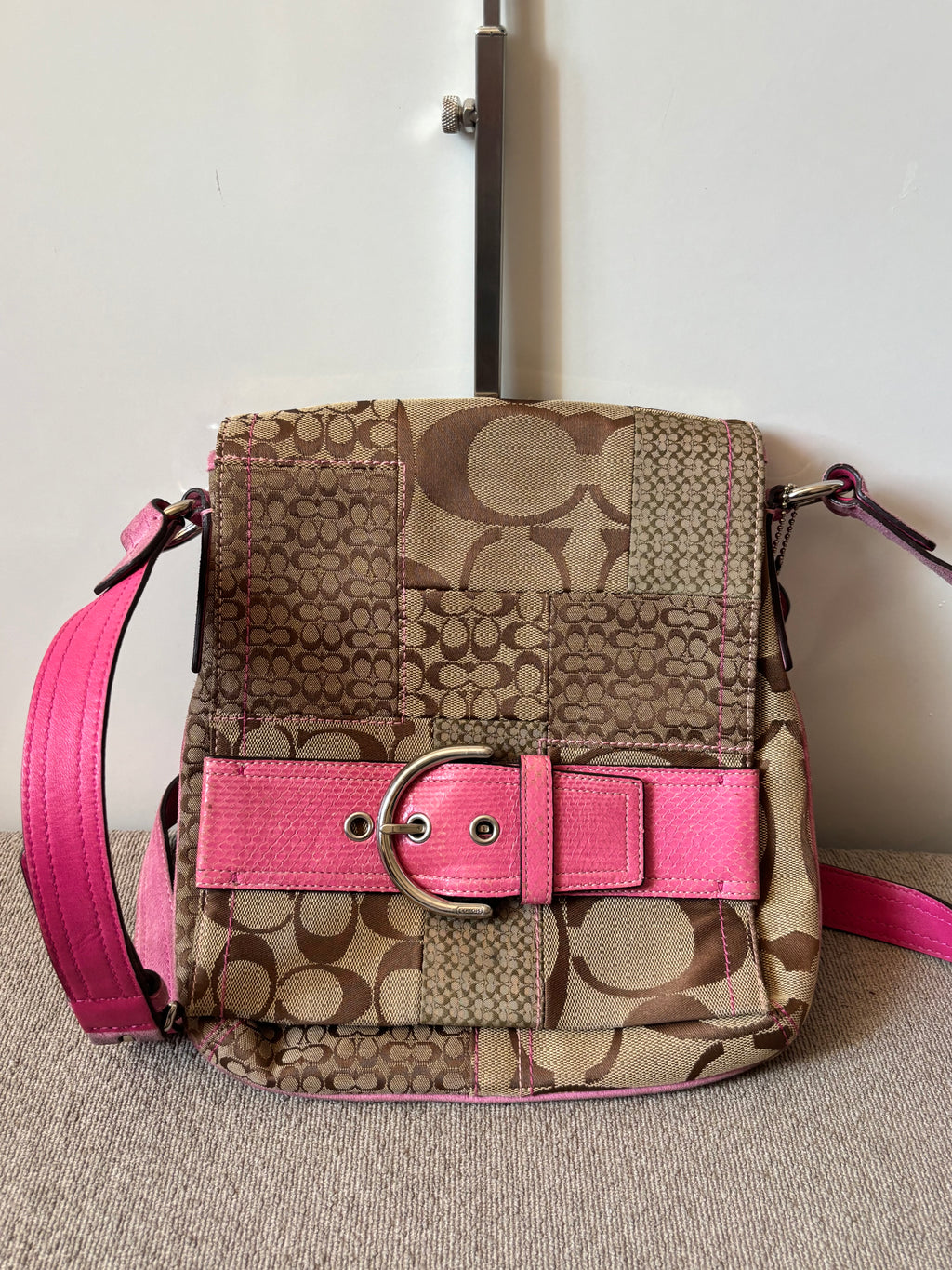 Vintage Coach Pink Patchwork Buckle Crossbody Bag 3690