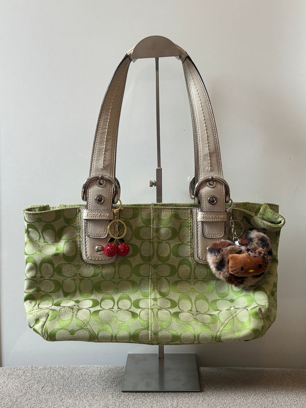 Vintage Coach Signature Tote Green Canvas & White Leather |13117