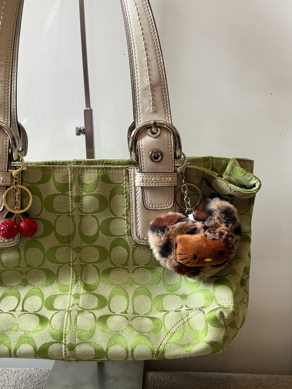 Vintage Coach Signature Tote Green Canvas & White Leather |13117