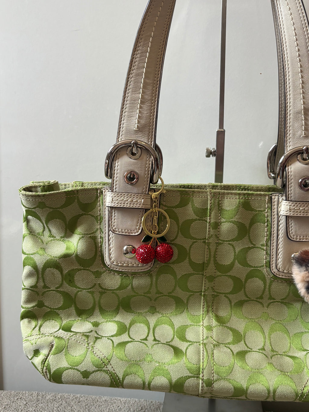 Vintage Coach Signature Tote Green Canvas & White Leather |13117