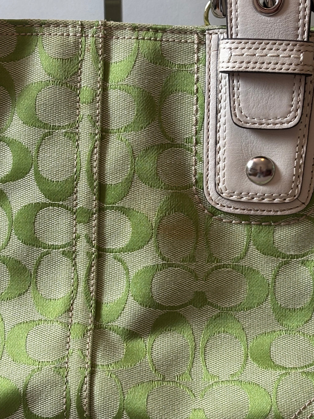 Vintage Coach Signature Tote Green Canvas & White Leather |13117