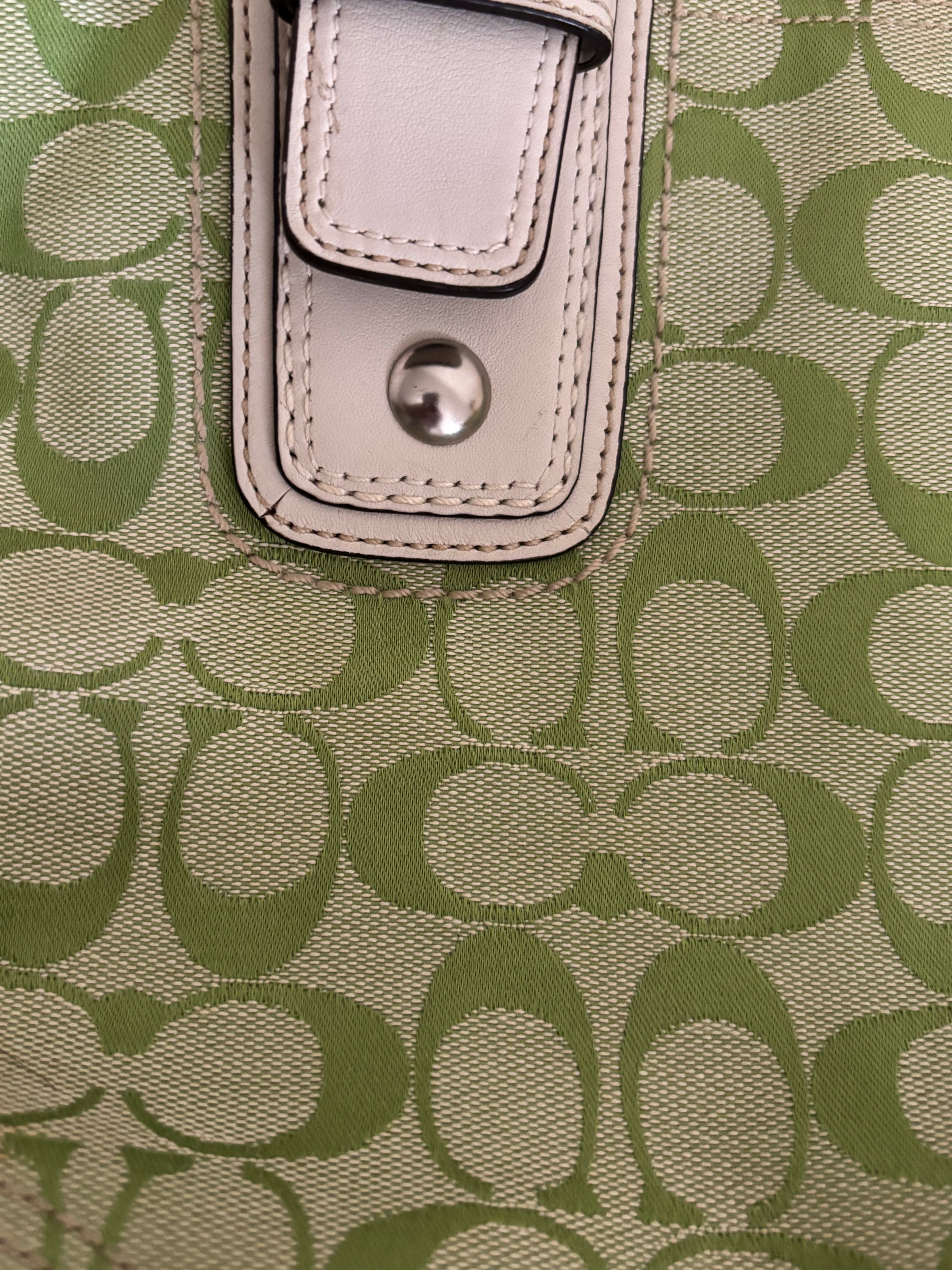 Vintage Coach Signature Tote Green Canvas & White Leather |13117