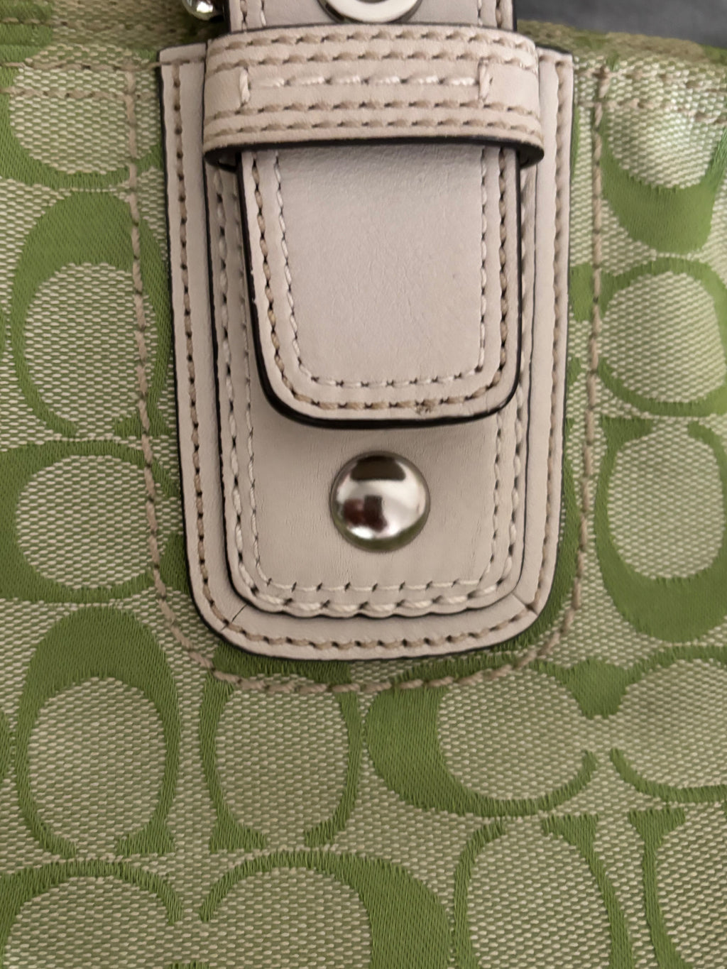 Vintage Coach Signature Tote Green Canvas & White Leather |13117